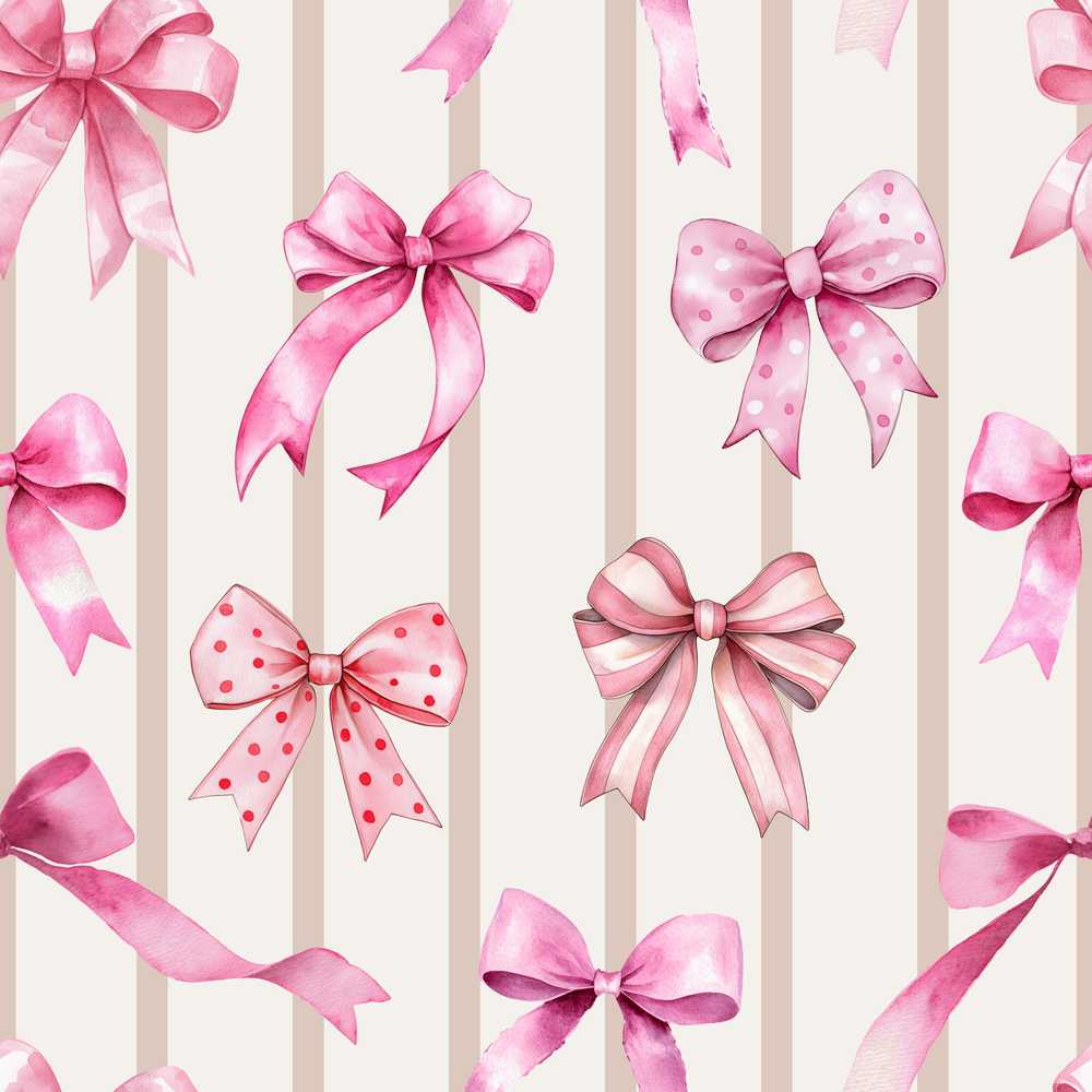Watercolor Pink Ribbon Bow with Neutral Beige Stripes Background