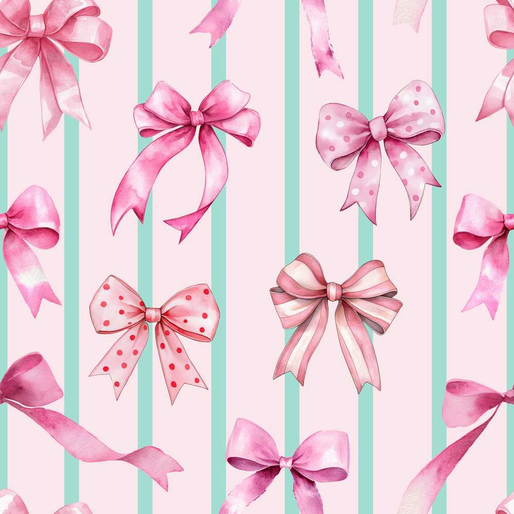 Watercolor Pink Ribbon Bow with Mint Green Stripes Background