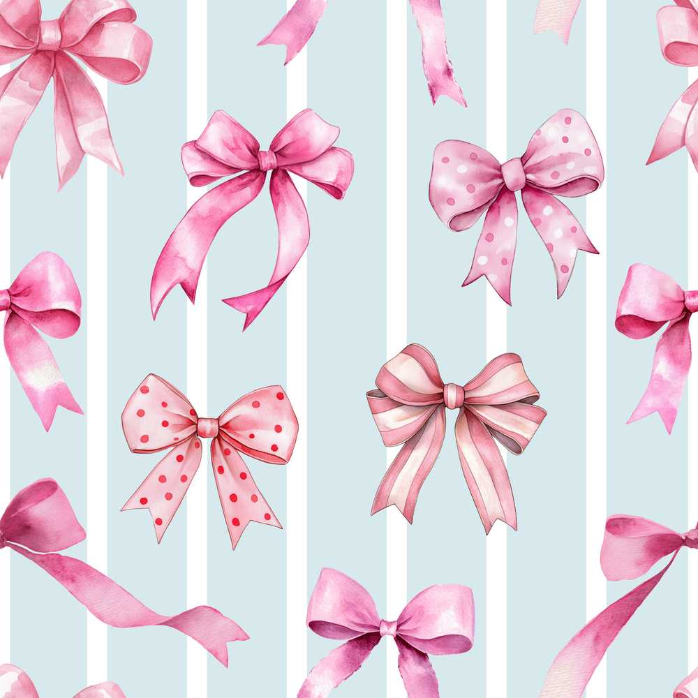 Watercolor Pink Ribbon Bow with Soft Blue Stripes Background