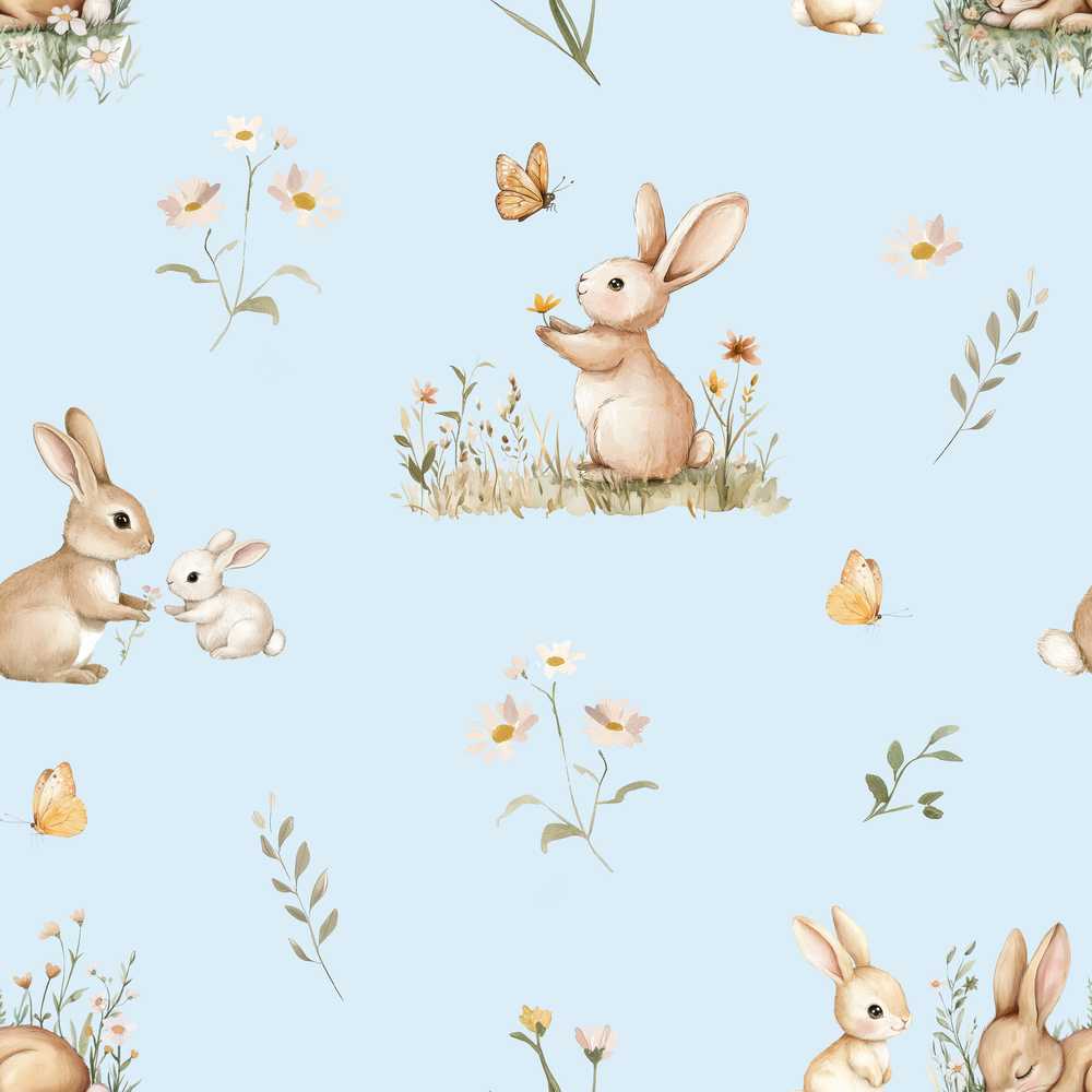 Watercolor Bunny Floral Meadow on Blush Background Wildflower Pattern