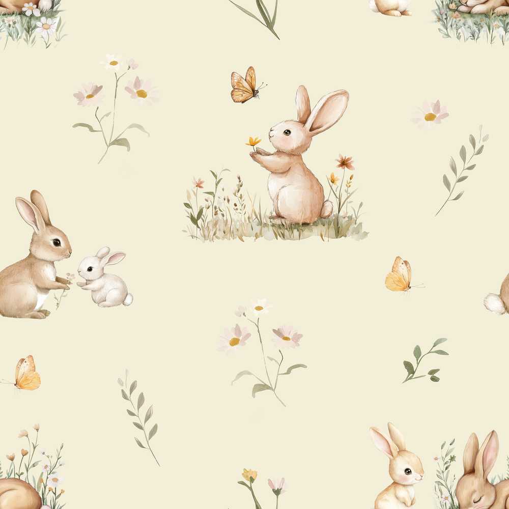 Watercolor Bunny Floral Meadow on Soft Blue Background Wildflower