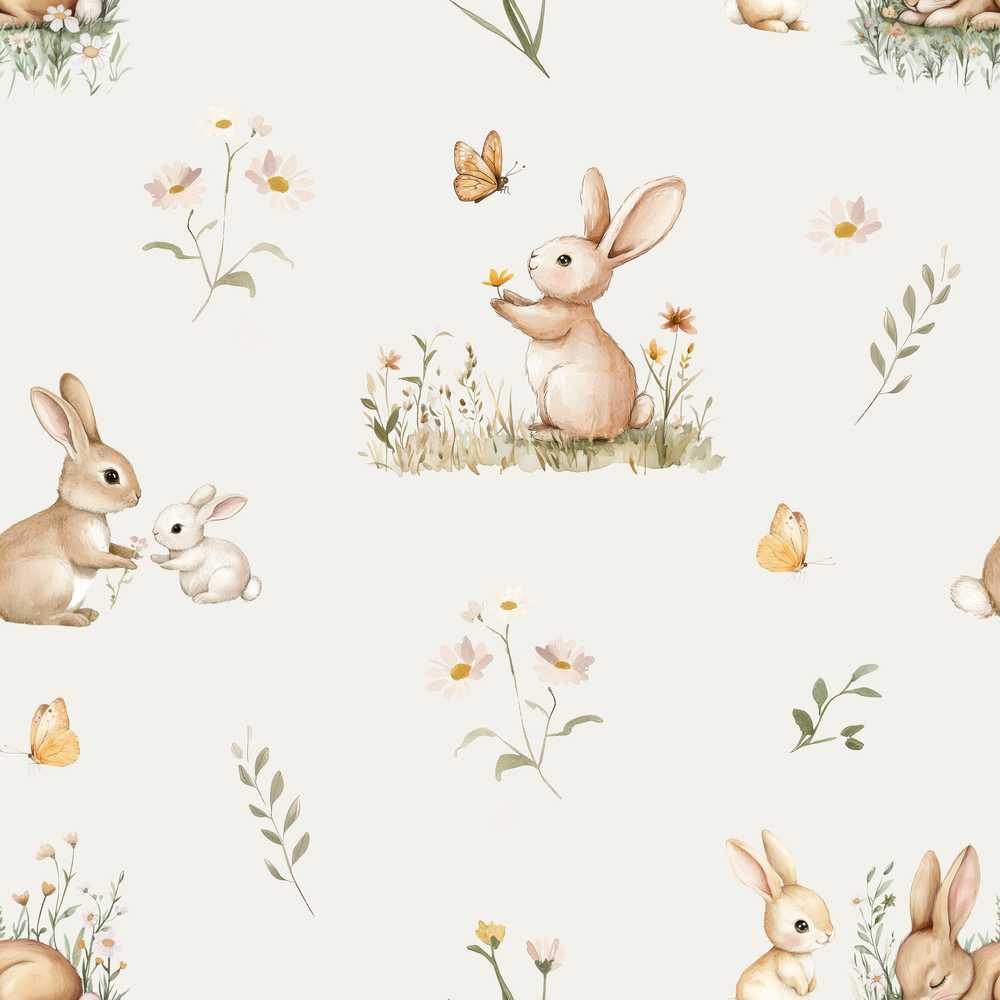 Watercolor Bunny Floral Meadow on Warm Beige Background Wildflower