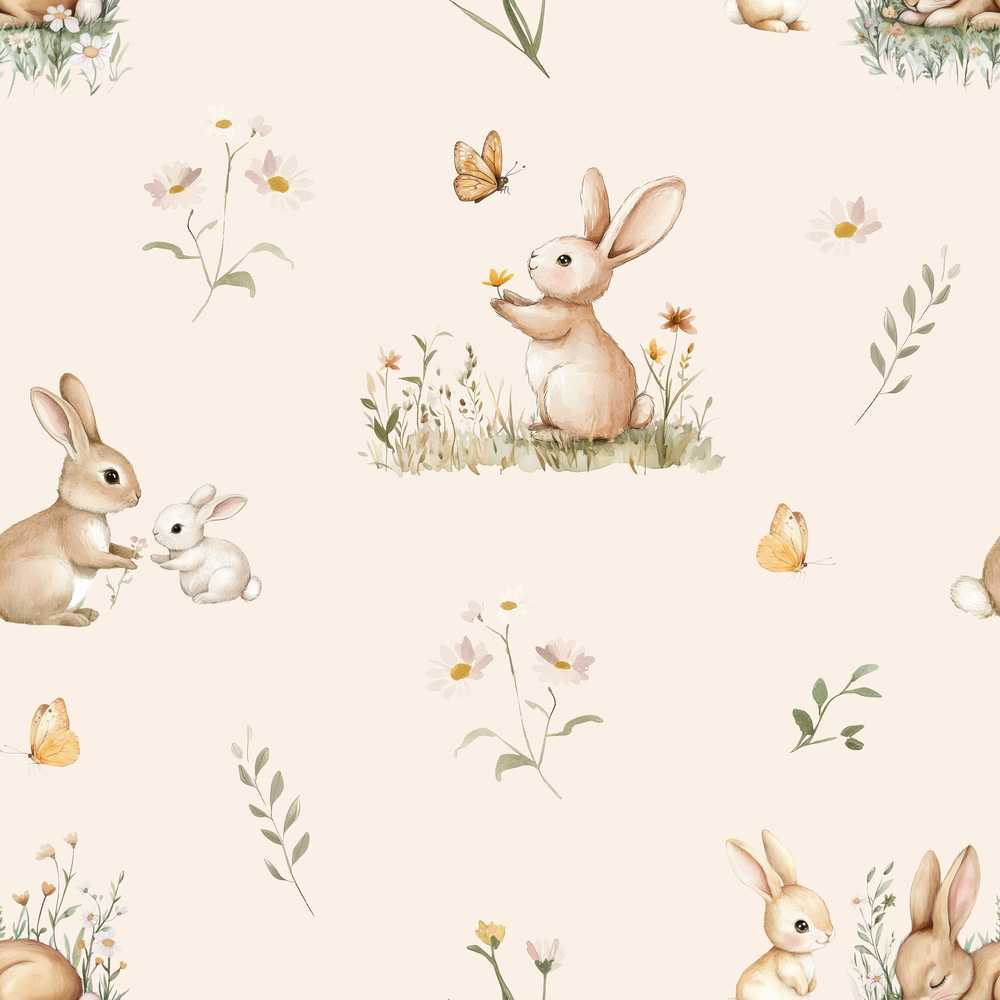 Watercolor Bunny Floral Meadow on Neutral Cream Background Wildflower