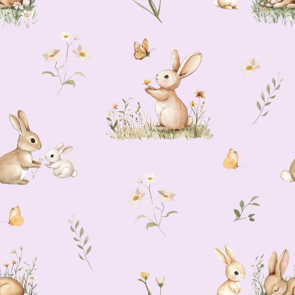 Watercolor Bunny Floral Meadow Soft Lavender Wildflower Pattern Botanical