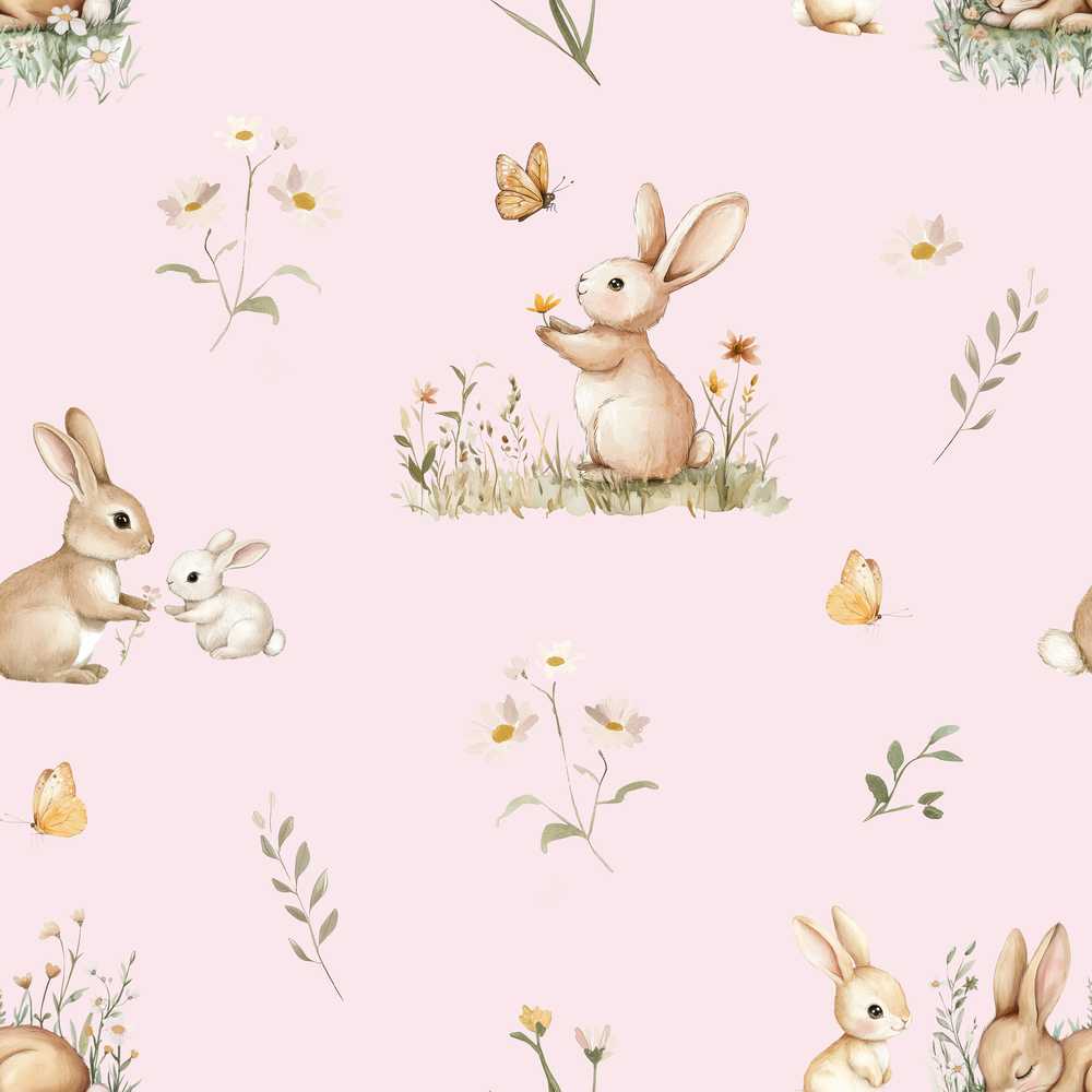 Watercolor Bunny Floral Meadow Blush Pink Wildflower Pattern Botanical
