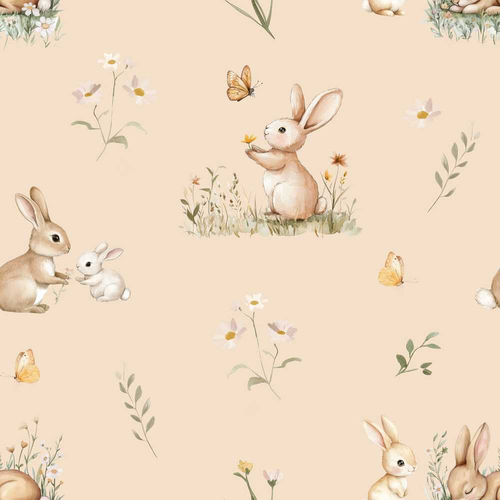 Watercolor Bunny Floral Meadow Warm Beige Wildflower Pattern Botanical
