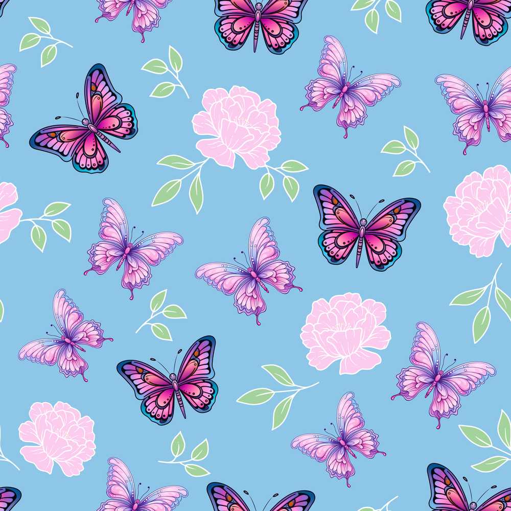 Vibrant Pink Purple Butterflies Sky Blue Decorative Repeat