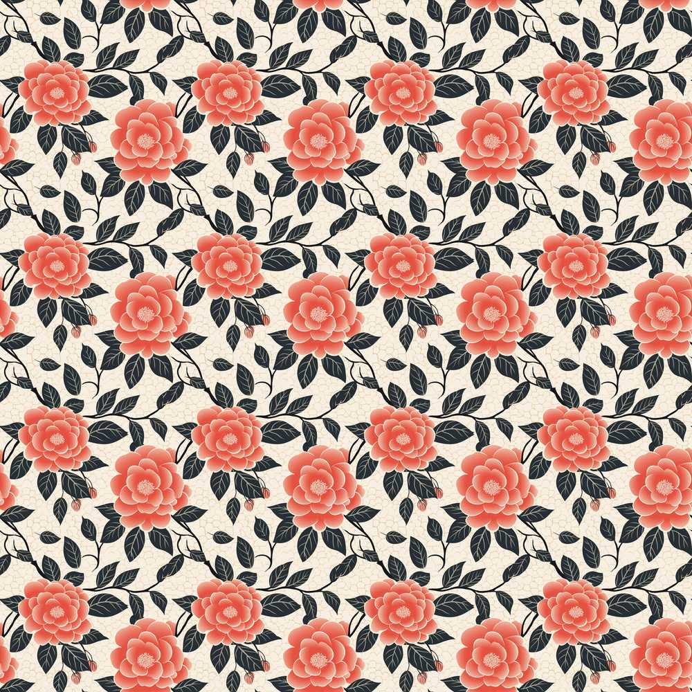 Coral Camellia Branch Botanical Cream Background Wildflower Pattern
