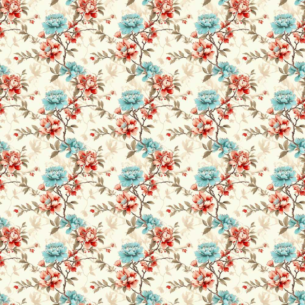 Turquoise Coral Floral Branch Artistic Wildflower Pattern Botanical