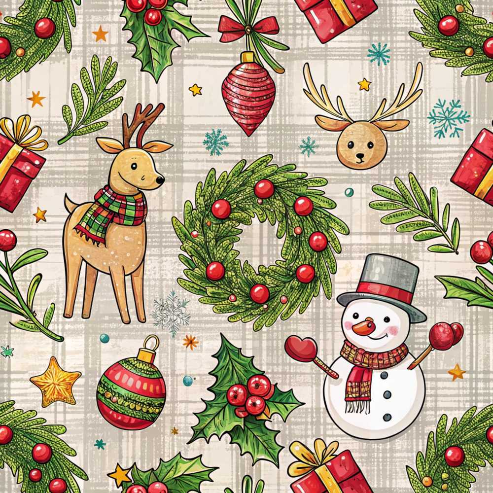 Festive Christmas Reindeer Wreath Snowman Holiday Seasonal Pattern