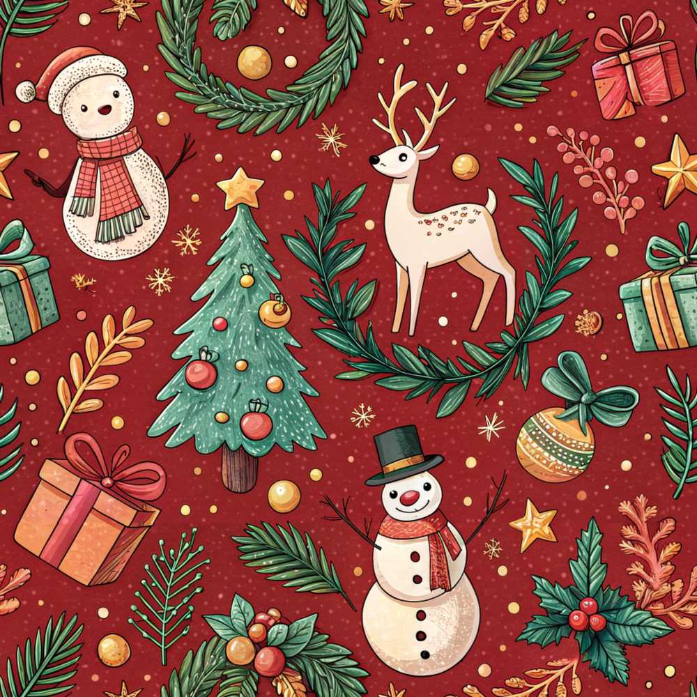 Winter Holiday Snowman Reindeer Wreath Festive Seasonal Pattern