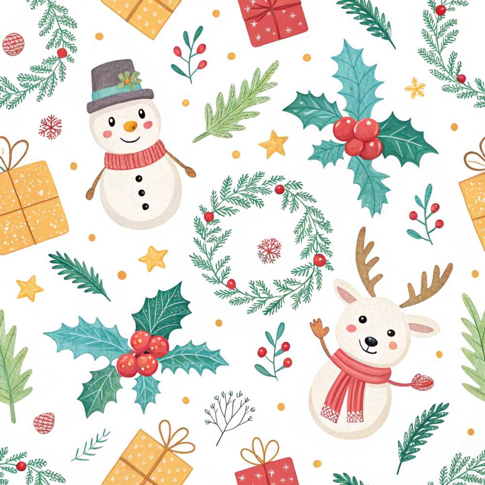 Cute Christmas Snowman Holly Reindeer Festive Holiday Seasonal