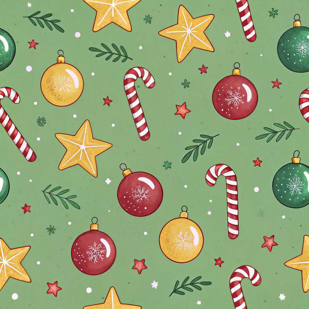 Christmas Candy Cane Baubles Stars Green Festive Holiday