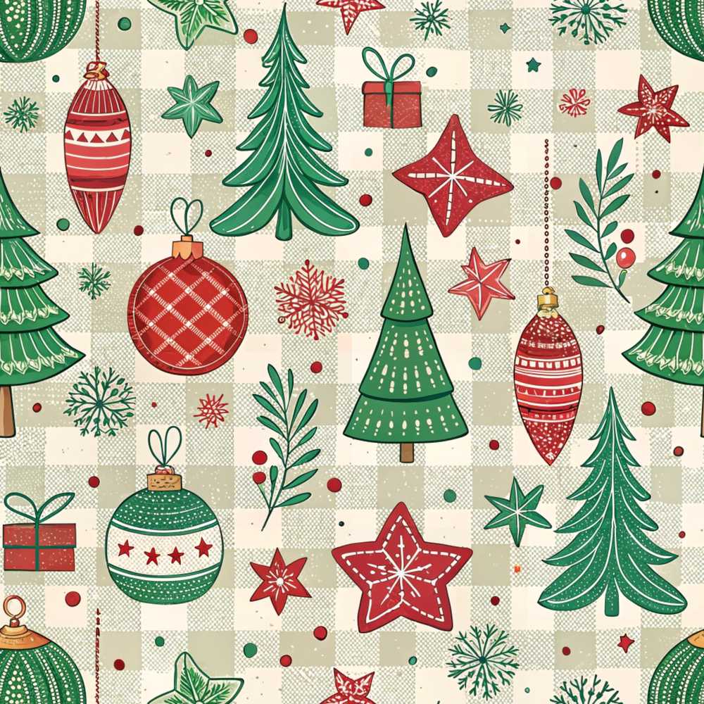 Christmas Ornaments Trees Snowflakes Checkered Festive Holiday Seasonal