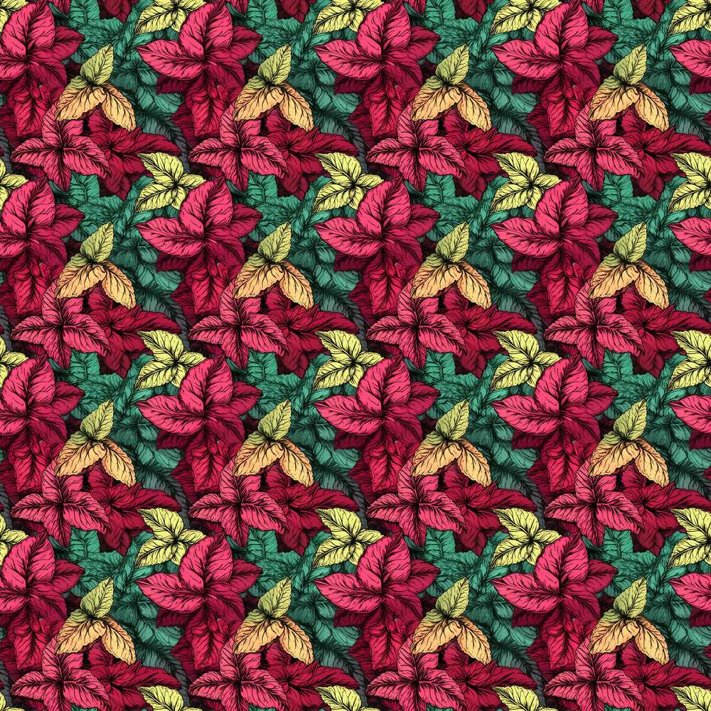 Bold Red Green Tropical Leaves Wildflower Pattern Botanical
