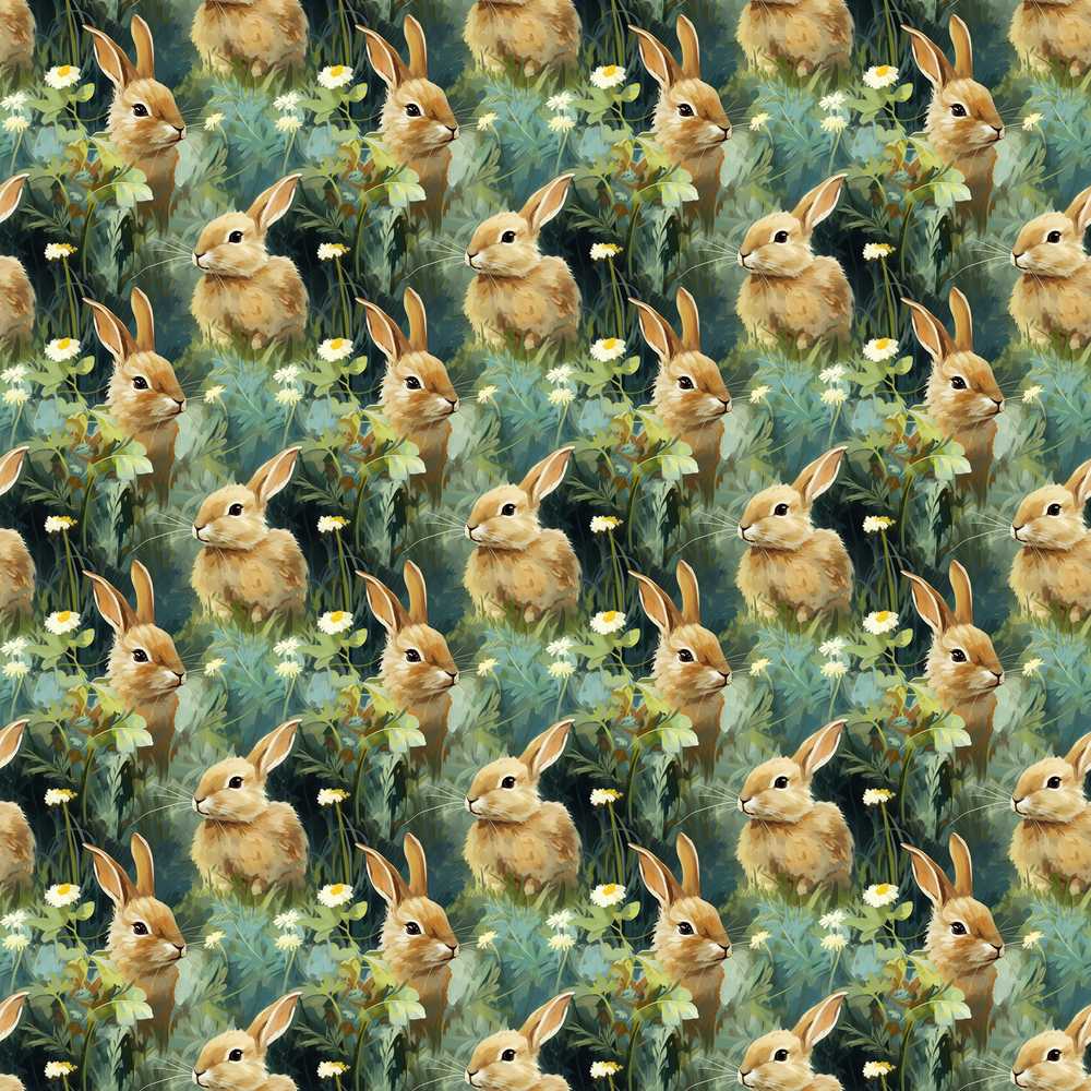 Realistic Brown Rabbit Meadow Illustration Repeat Pattern Design