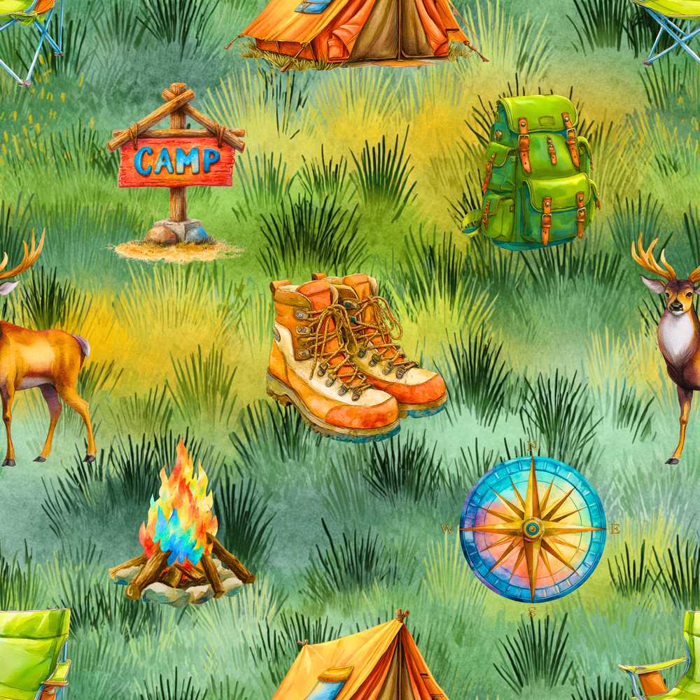 Camping Adventure Gear Watercolor Decorative Repeat Pattern Design