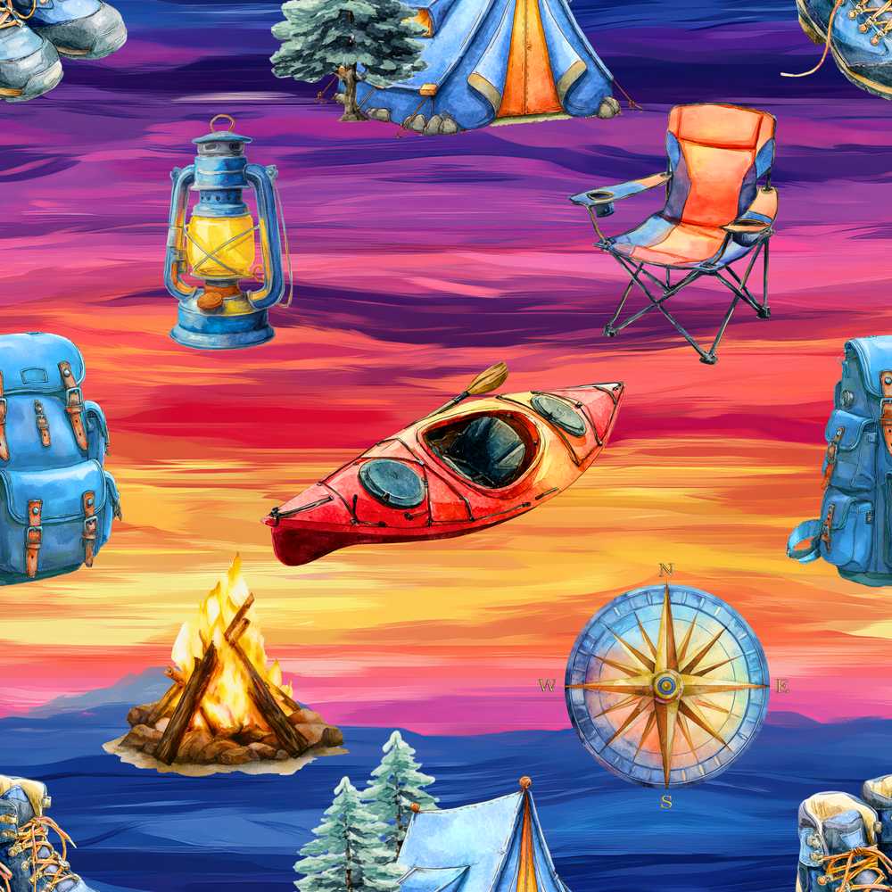 Sunset Camping Outdoor Equipment Decorative Repeat Pattern Design