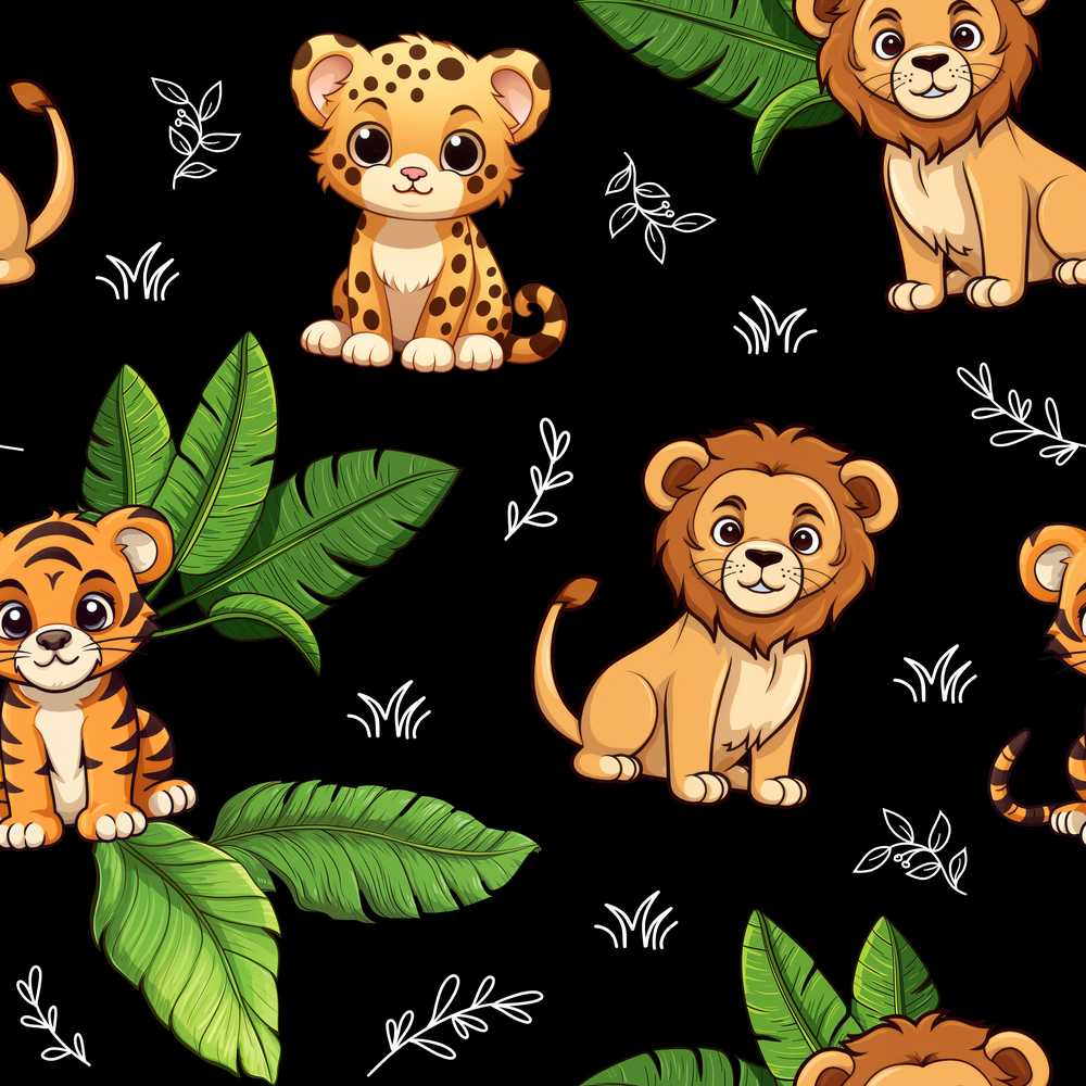Cute Jungle Animals Dark Background Illustration Repeat Pattern