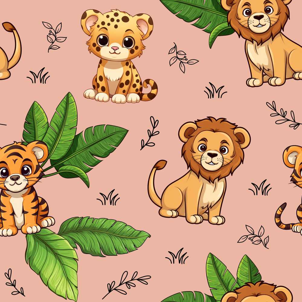 Cute Jungle Animals Lion Tiger Leopard Tropical Leaves Wildflower