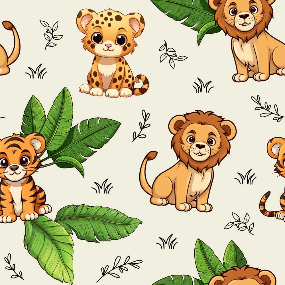 Cute Jungle Animals Lion Tiger Leopard Neutral Background Tropical Leaves
