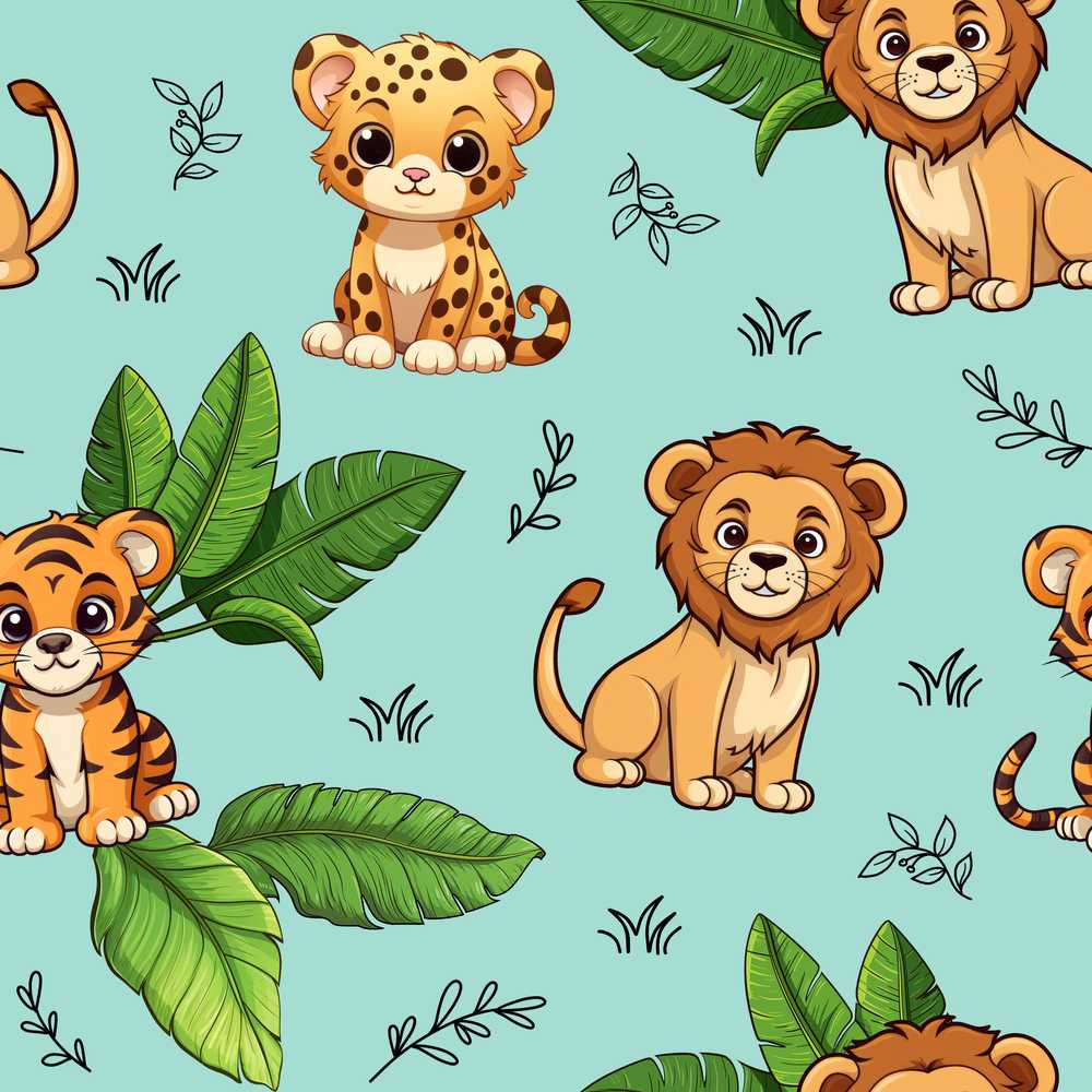 Cute Jungle Animals Lion Tiger Leopard Teal Background Tropical Leaves