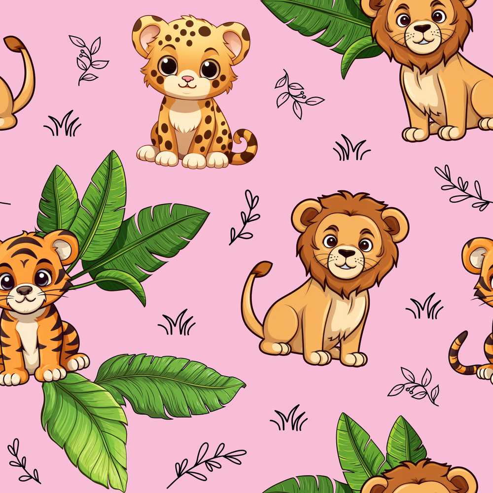 Cute Jungle Animals Lion Tiger Leopard Pink Background Tropical Leaves