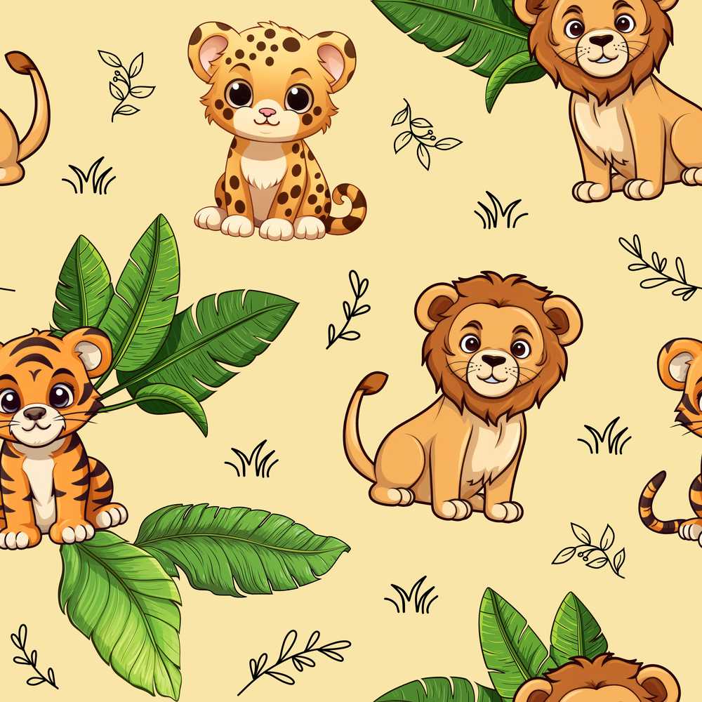 Cute Jungle Animals Lion Tiger Leopard Light Grey Tropical Leaves