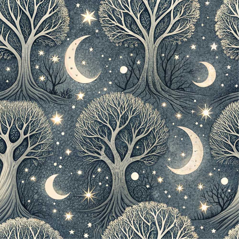 Lantern Leaves Stars Night Sky Botanical Wildflower Pattern