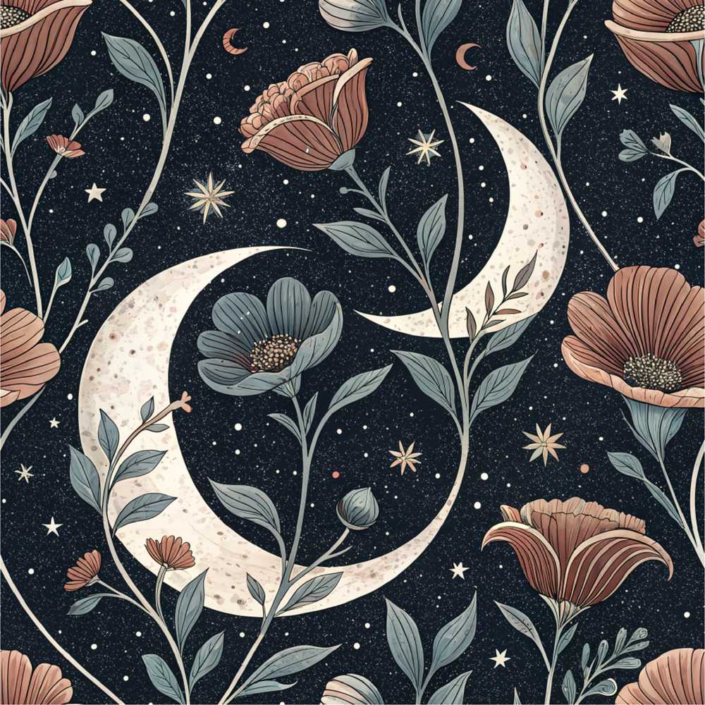 Mystical Forest Trees Moon Stars Night Cosmic Illustration