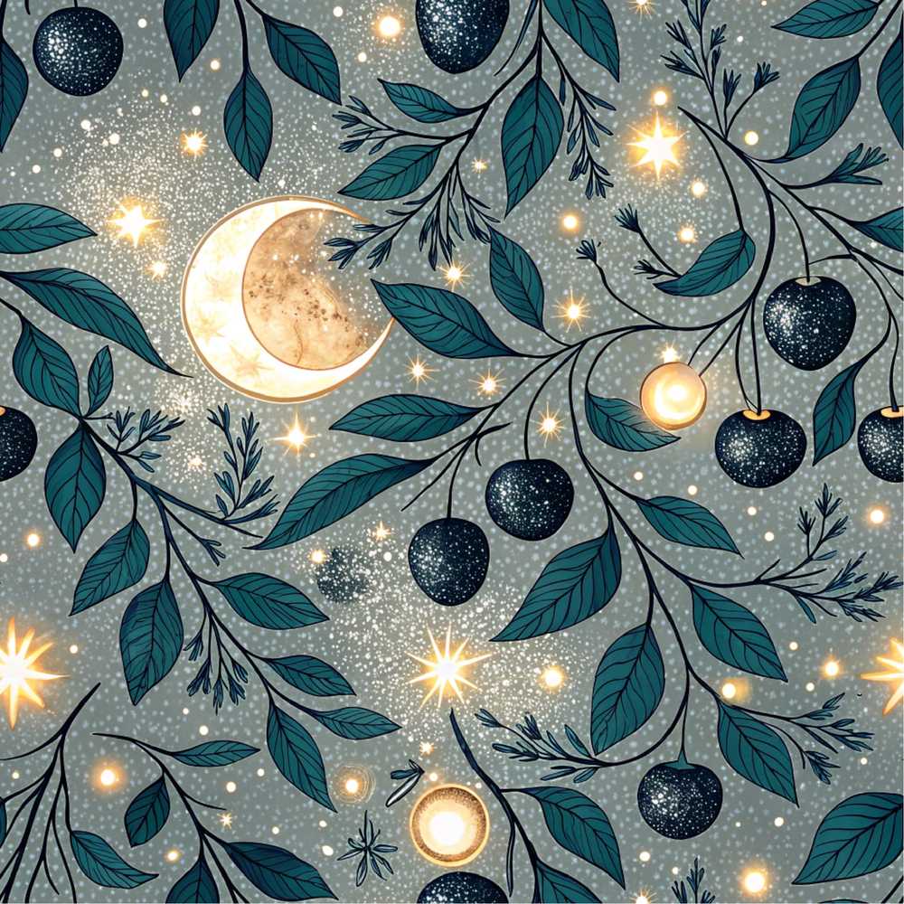 Owl Moon Stars Night Sky Botanical Wildflower Pattern
