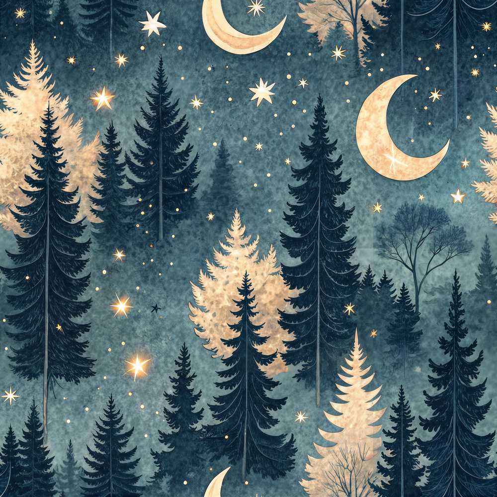 Celestial Leaves Moon Stars Night Sky Wildflower Pattern Botanical