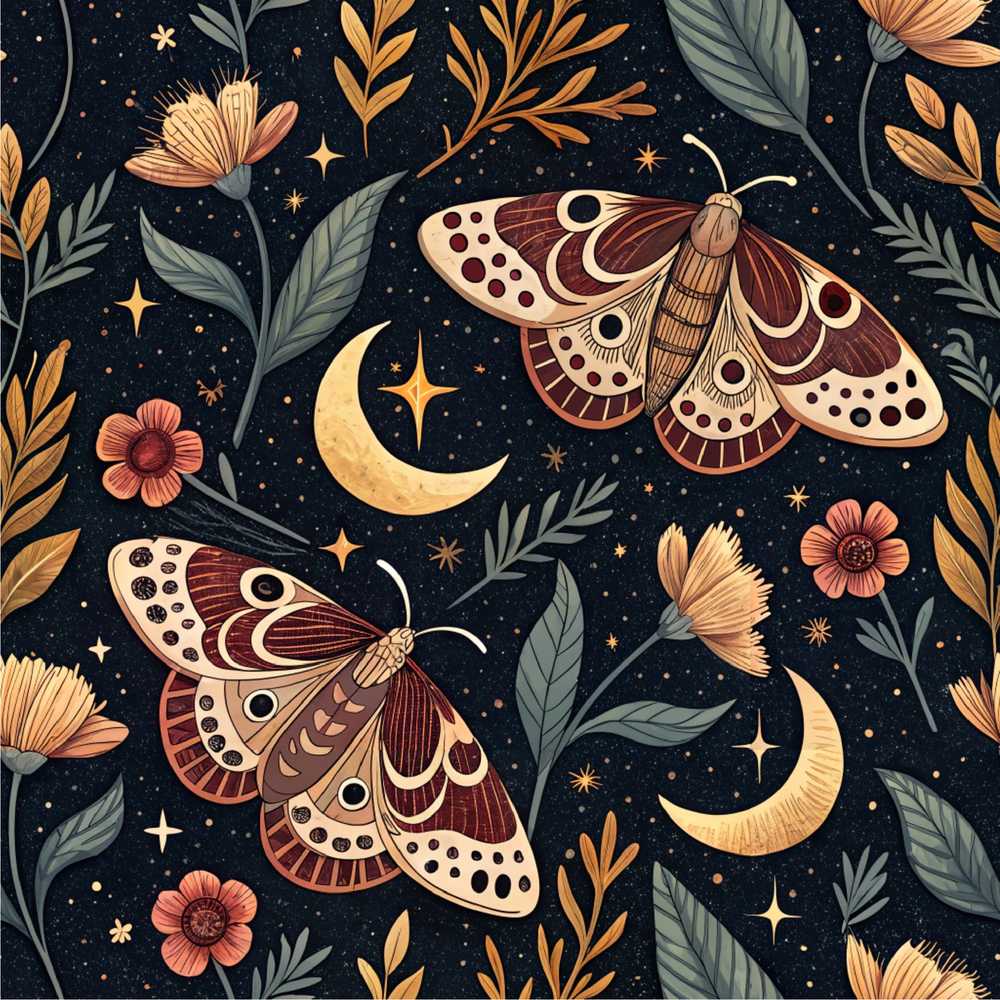 Dark Forest Moon Trees Starry Night Cosmic Illustration