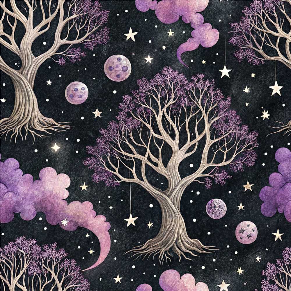 Night Sky Botanical Celestial Mixed Elements Wildflower Pattern