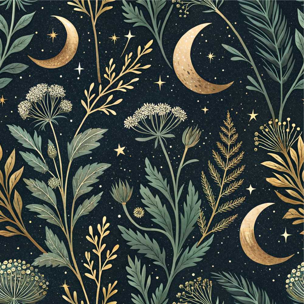 Celestial Botanical Moon Stars Night Sky Leaves Wildflower Pattern
