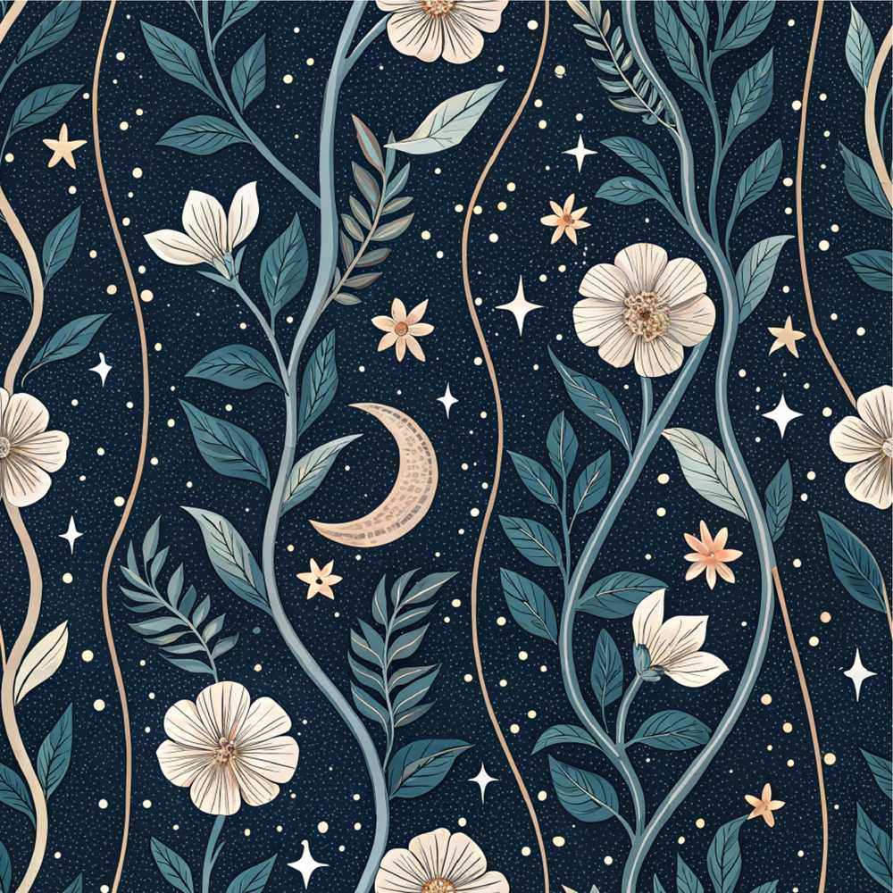 Floral Moon Stars Night Sky Botanical Garden Wildflower Pattern