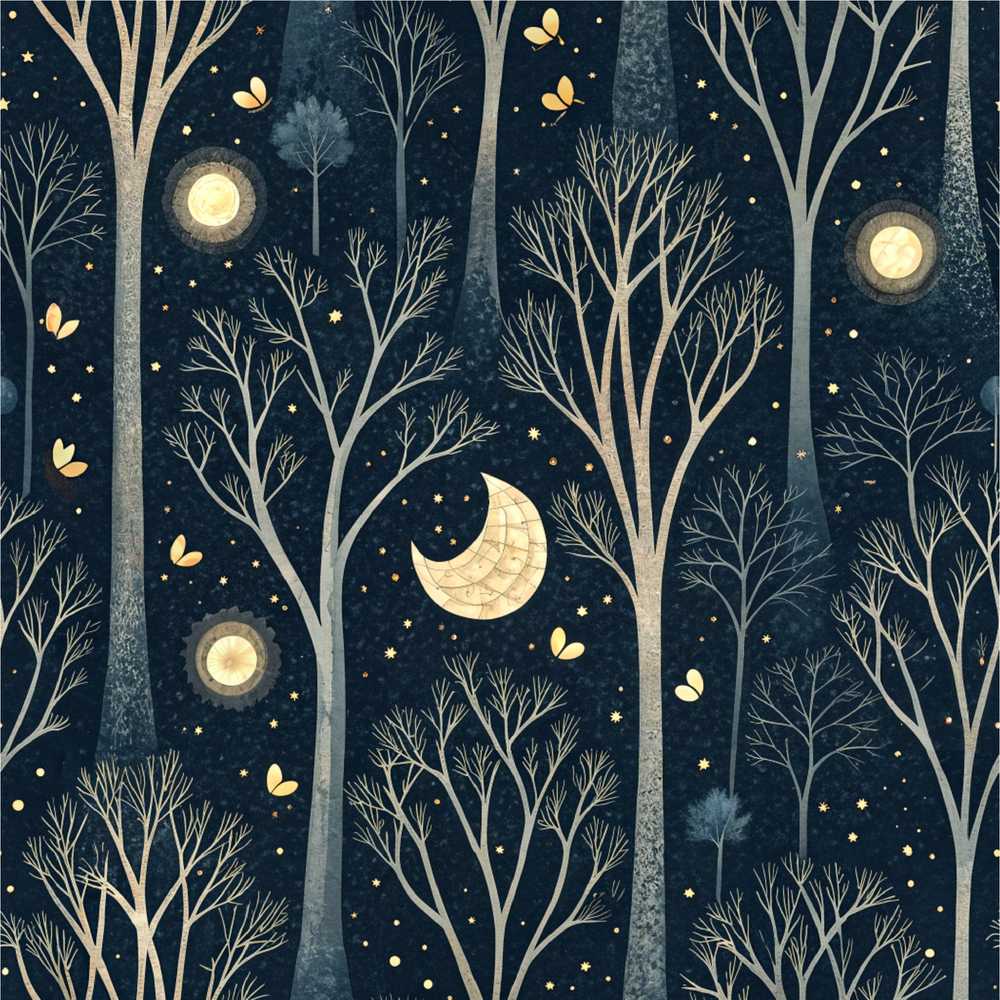 Mystical Forest Trees Moon Starry Night Cosmic Illustration