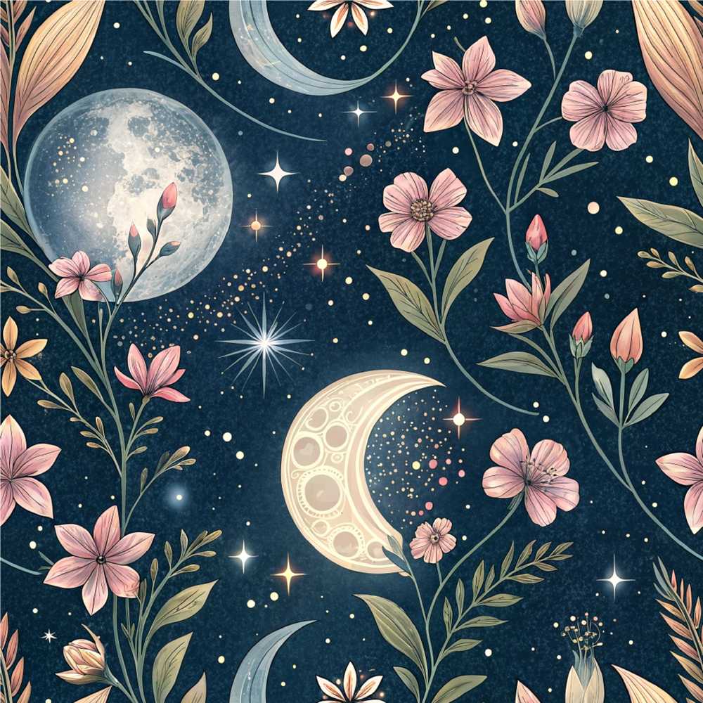 Pink Floral Moon Stars Celestial Night Wildflower Pattern Botanical