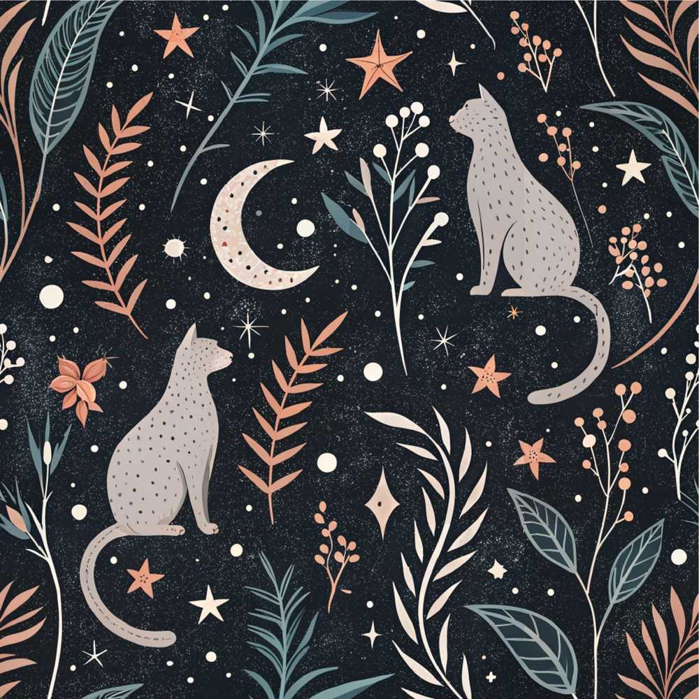 Celestial Cat Moon Stars Botanical Night Wildflower Pattern