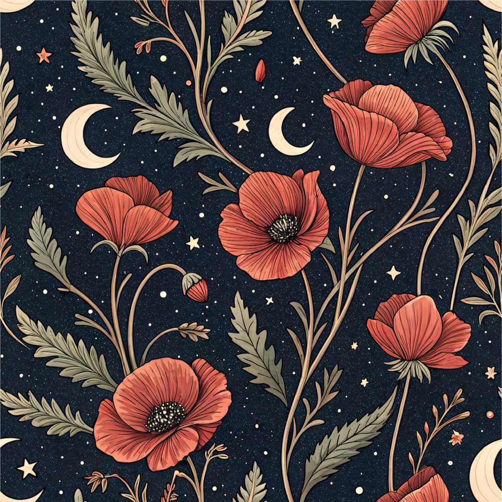 Red Poppy Flowers Moon Stars Night Sky Wildflower Pattern