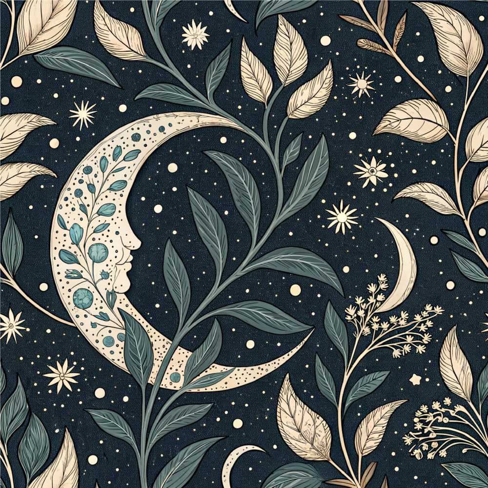 Botanical Crescent Moon Leaves Starry Night Wildflower Pattern