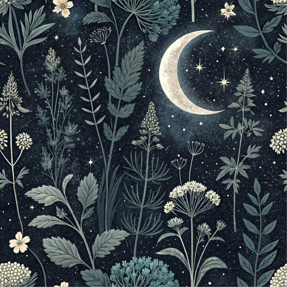 Dark Botanical Moon Stars Night Meadow Wildflower Pattern