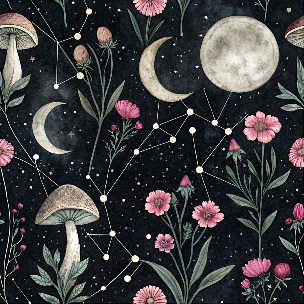 Celestial Floral Moon Constellation Night Wildflower Pattern Botanical