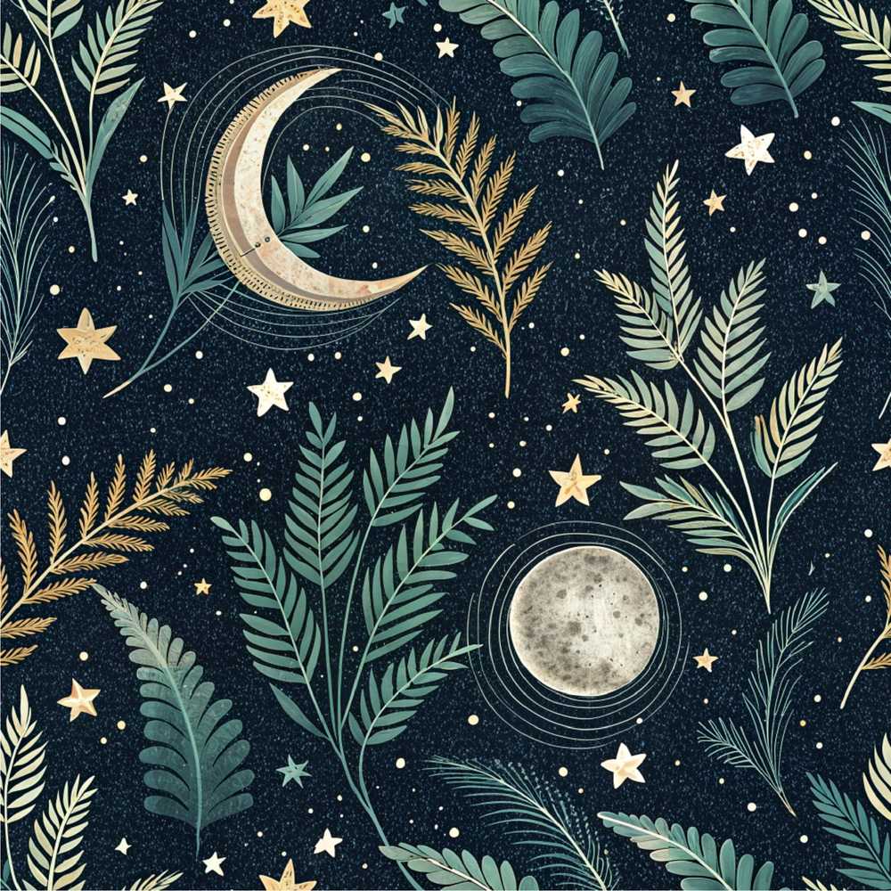 Botanical Moon Leaves Stars Night Sky Wildflower Pattern