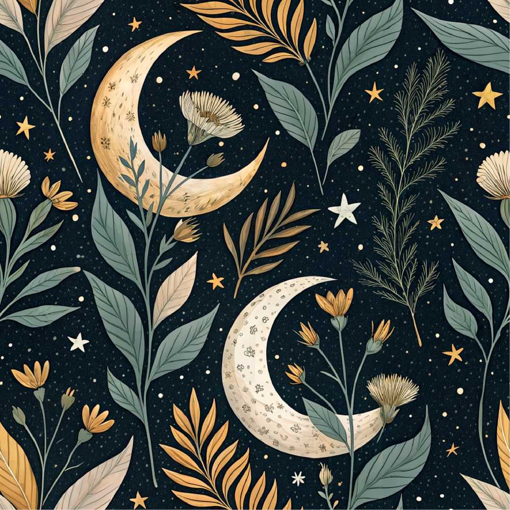 Golden Celestial Floral Swirl Stars Night Wildflower Pattern Botanical