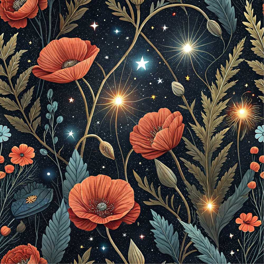 Mushroom Moon Stars Botanical Night Wildflower Pattern