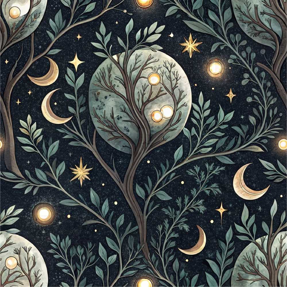 Enchanted Mushroom Forest Night Sky Decorative Repeat Pattern