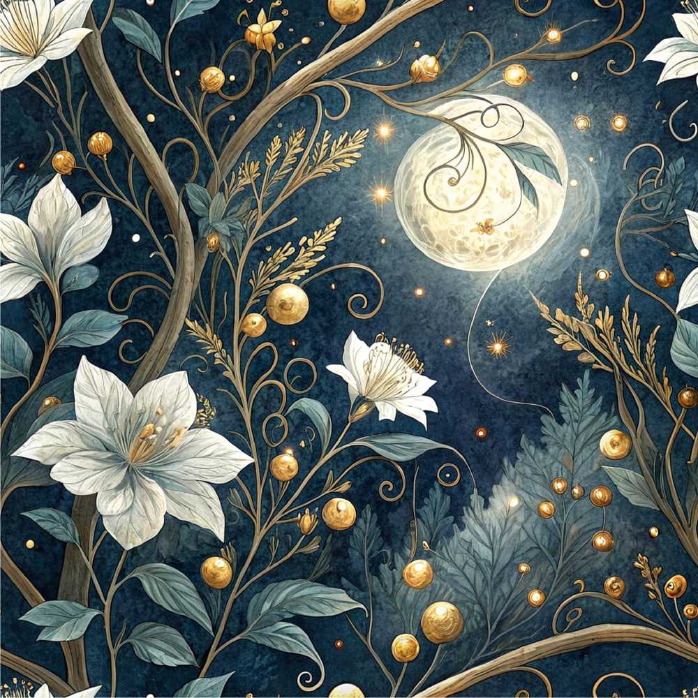 Golden Celestial Floral Spiral Stars Night Wildflower Pattern Botanical