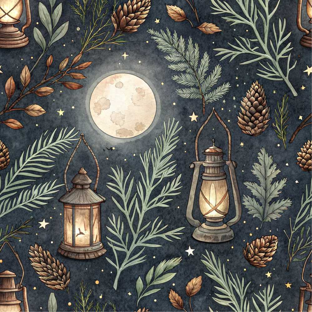 Celestial Lantern Moon Pine Leaves Night Wildflower Pattern Botanical