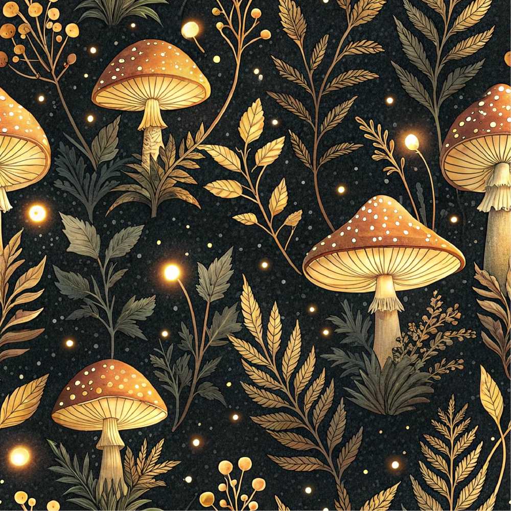 Glowing Mushroom Botanical Night Forest Wildflower Pattern